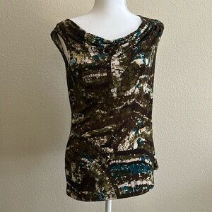 Susan Lawrence sz S Blue Green White Sleeveless Cowl Neck Top
